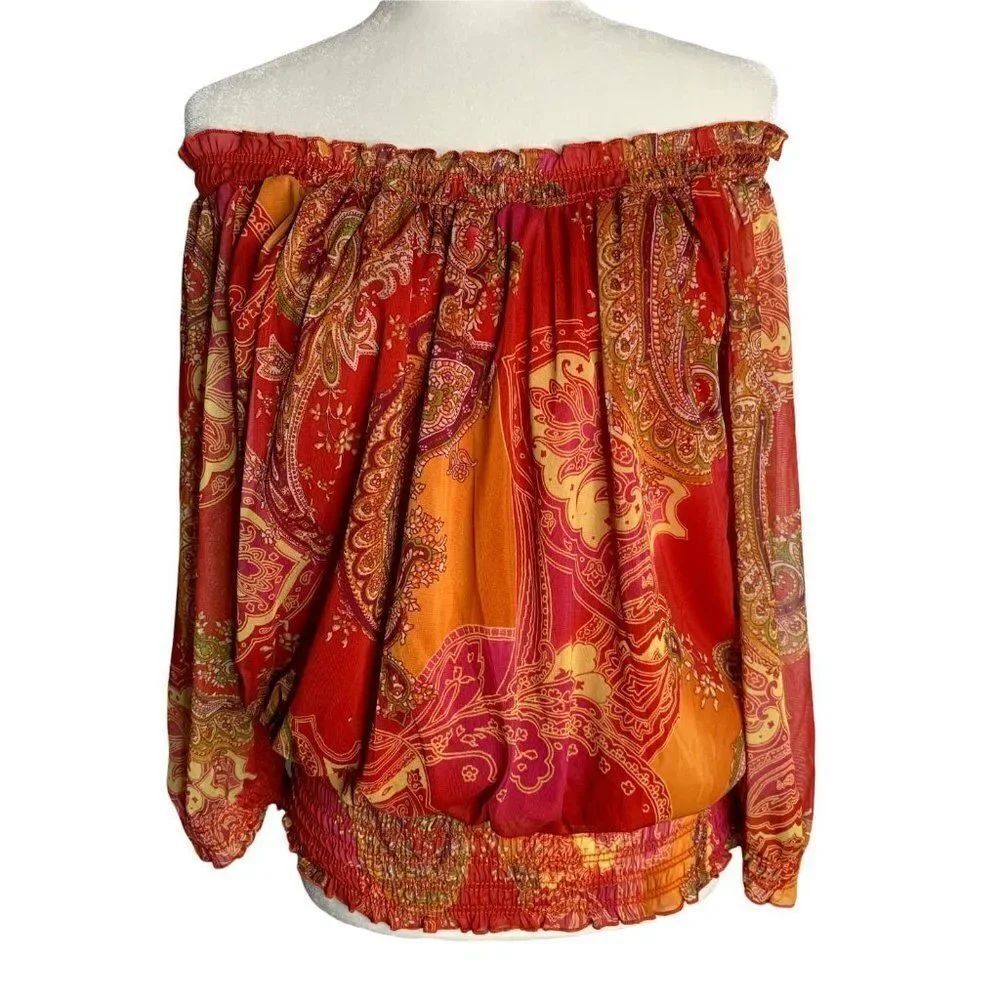 Vintage Off the Shoulder Paisley Blouse XL Red Sheer Lined Elastic Shirred Waist
